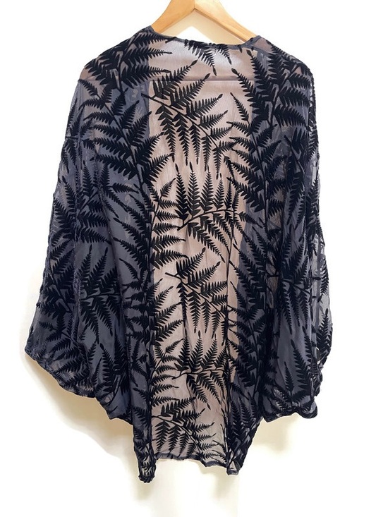 Boutique Sweaters - Sheer Burnout Velvet Kimono‎ Black Fern Duster, Cover-up | Boho Lagenlook Layer